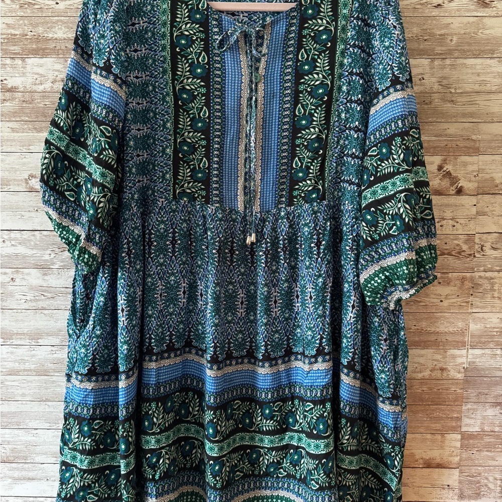 Chigant XXL Boho Green and Blue Patterned Dress Lightweight Rayon Summer